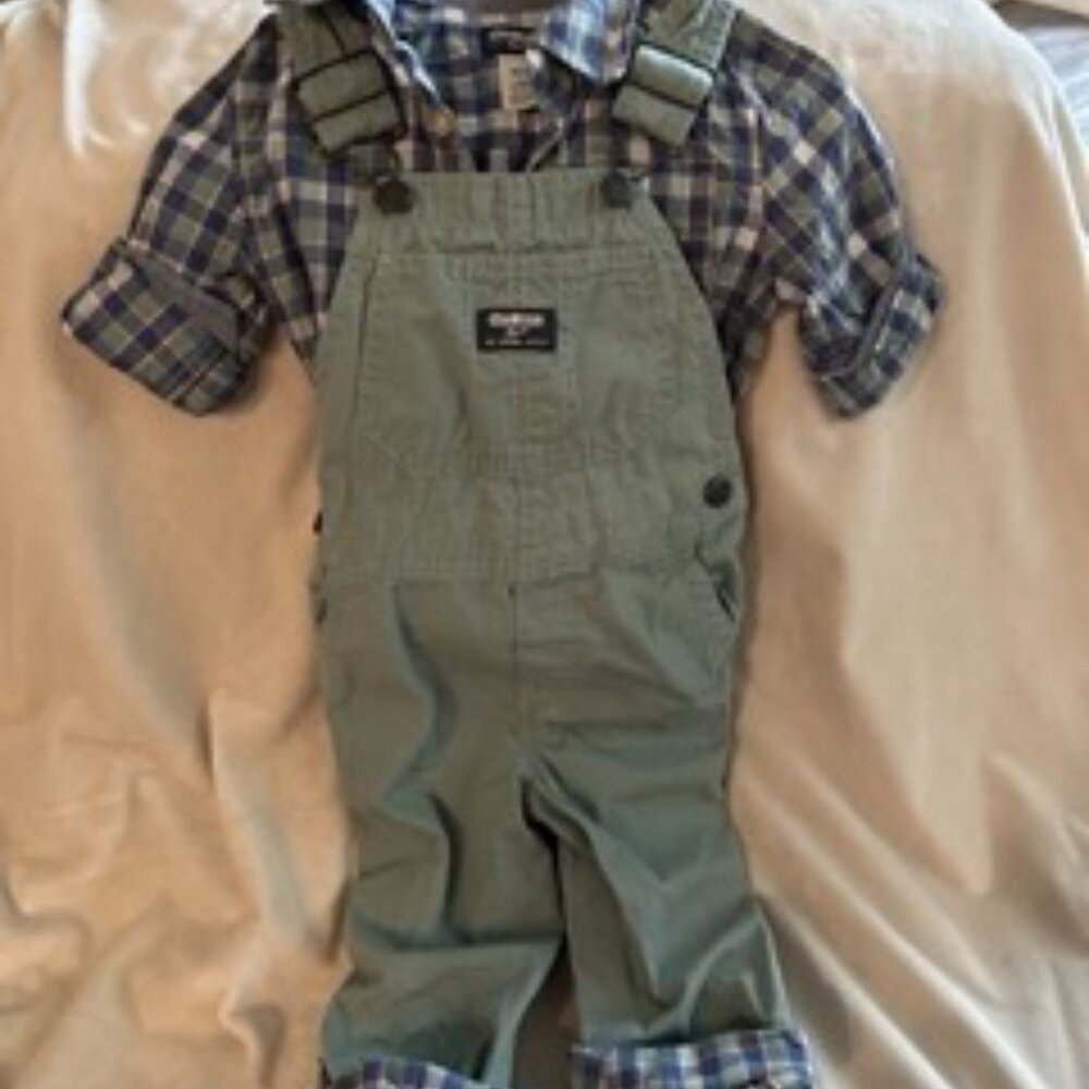 OshKosh Bgosh overalls and button down, green and blue, toddler boy, size 3T